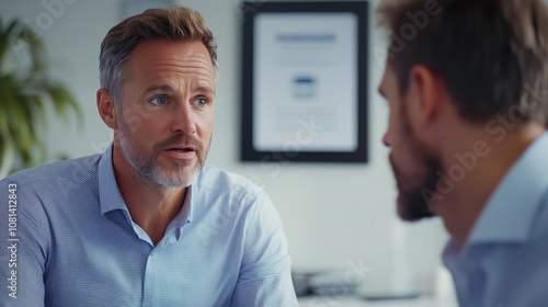 Two Colleagues Engaged in a Serious Discussion on Quality Assurance Strategies in a Modern Office Environment Focused on Professional Development and Team Collaboration