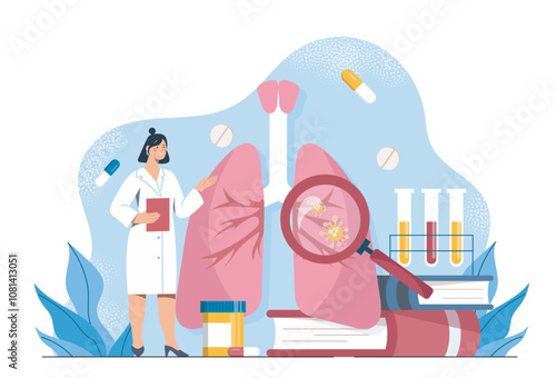 Doctor with lung treatment. Woman in medical uniform with magnifying glass analyzes internal organ. Pneumonia and respiratory system diseases. Healthcare and medicine. Flat vector illustration