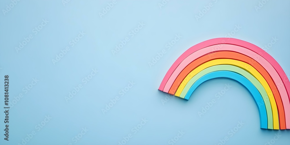 Fototapeta premium An isolated rainbow icon positioned on the right side, set against a panoramic blue background with copy space --ar 2:1 --s 50.