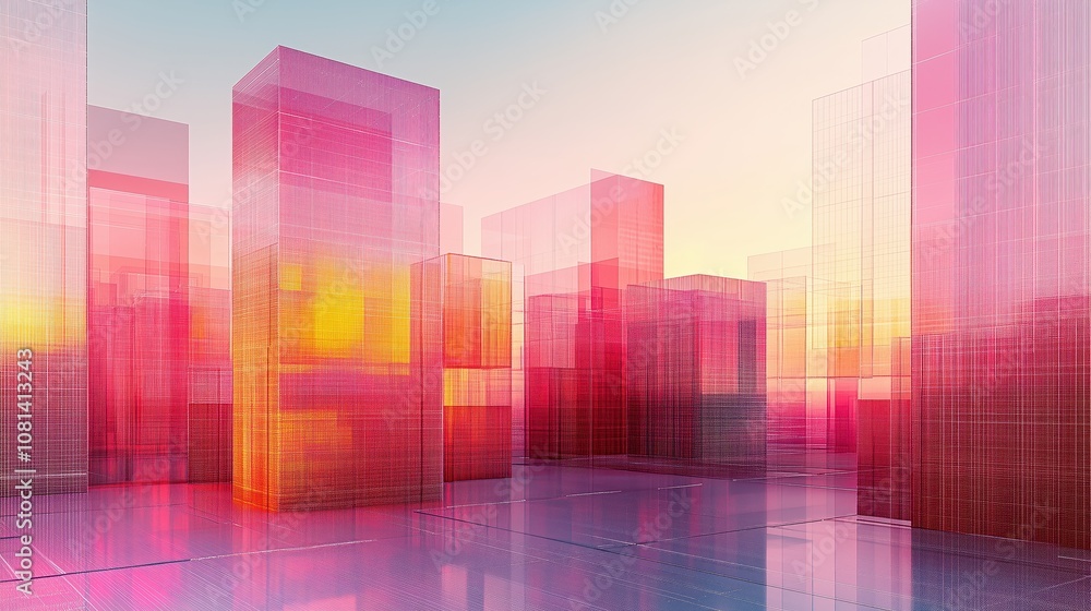 Digital Landscape Featuring an Array of Colorful Geometric Blocks in a Futuristic Cityscape Illuminated by a Vibrant Sunset Glow Digital Landscape Featuring an Array of Colorful Geometric Blocks in a Futuristic Cityscape Illuminated by a Vibrant Sunset Glow