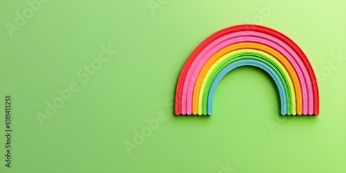 Vibrant rainbow icon positioned on the right side, set against a lush panoramic green background, providing ample copy space. --ar 2:1 --s 50 photo