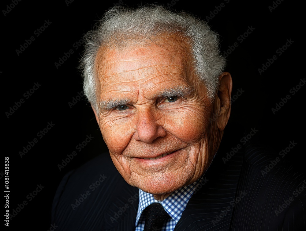 High contrast image of a smiling elderly boss, light highlighting his face while his black suit blends into the dark background High contrast image of a smiling elderly boss, light highlighting his face while his black suit blends into the dark background