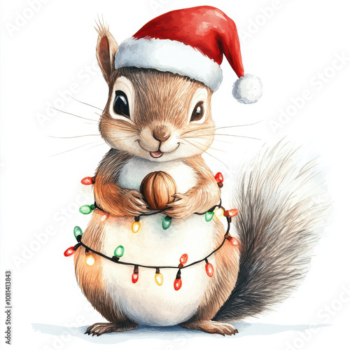cheerful squirrel wearing Santa hat and surrounded by Christmas lights, holding nut. Perfect for holiday themes and festive decorations