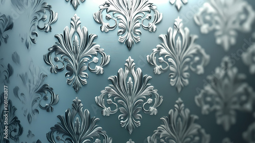 Elegant blue and silver damask pattern backdrop, damask, elegant, blue, silver, luxury, design, background, wallpaper. Regal. Illustration