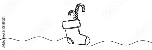 Continuous one line drawn of christmas sock in silhouette on a white background.