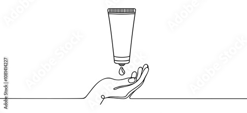 Continuous one line drawing of hand holds cosmetic bottle cream. Line art vector illustration.