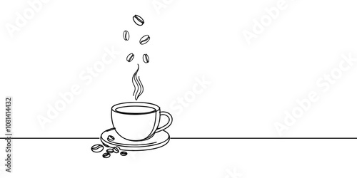 Coffee cup outline. Continuous line drawing with cup of coffee and coffee beans. Breakfast outline illustration. Line art for cafe