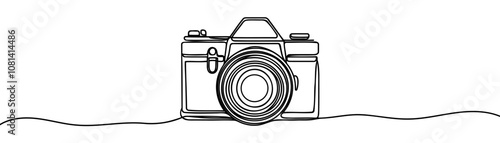 Line drawing photo camera. Single draw photo icon, line art photography camera outline, continuous monoline drawing, one outline line art photography logo, linear vector illustration photo