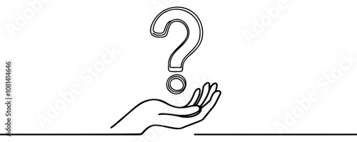 Hand holds question mark one line art, hand drawn asking sign, idea continuous contour. Query FAQ concept, finding answer. Editable stroke. Isolated. Vector illustration