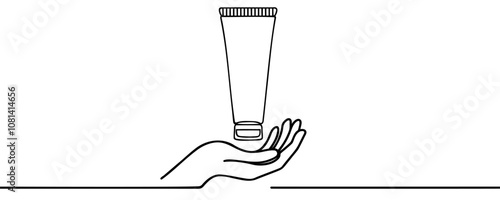 Continuous one line drawing of hand holds cosmetic bottle cream. Line art vector illustration.