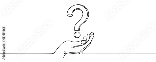 Hand holds question mark one line art, hand drawn asking sign, idea continuous contour. Query FAQ concept, finding answer. Editable stroke. Isolated. Vector illustration