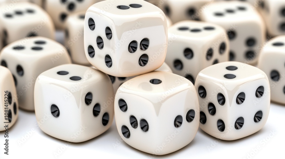 Close-up of white dice with black dots on a soft focus background. Close-up of white dice with black dots on a soft focus background.