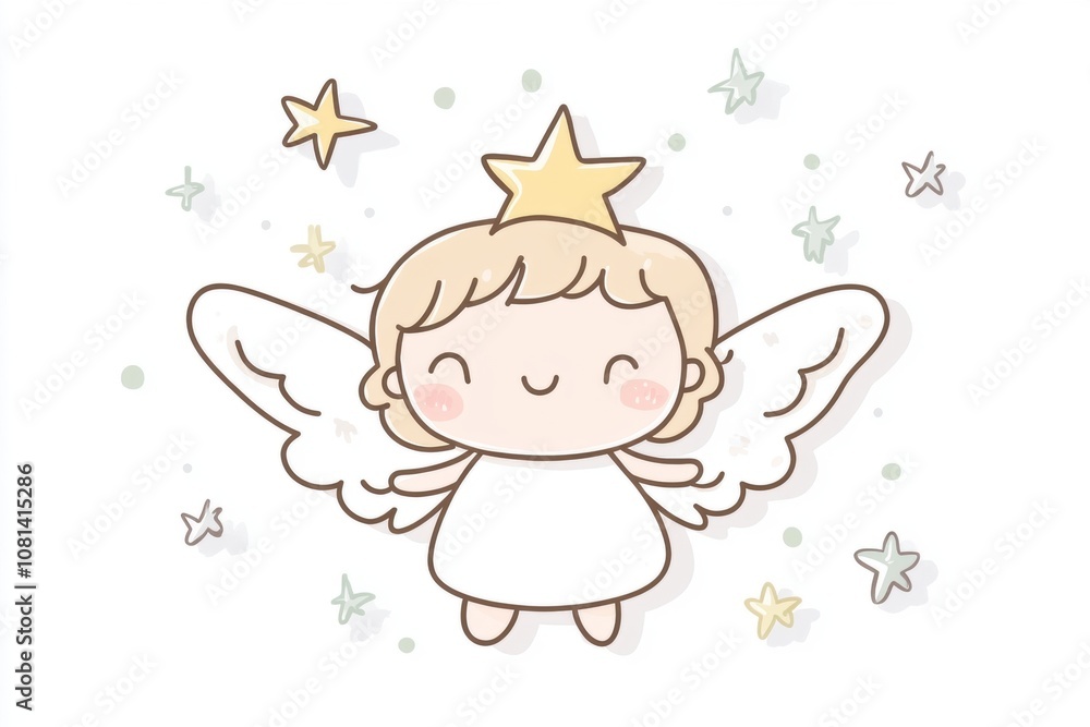 Cute angel character with wings and a star on a white isolated background. Cute angel character with wings and a star on a white isolated background.