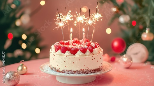 Birthday Cake with Sparkler Candles and Raspberries