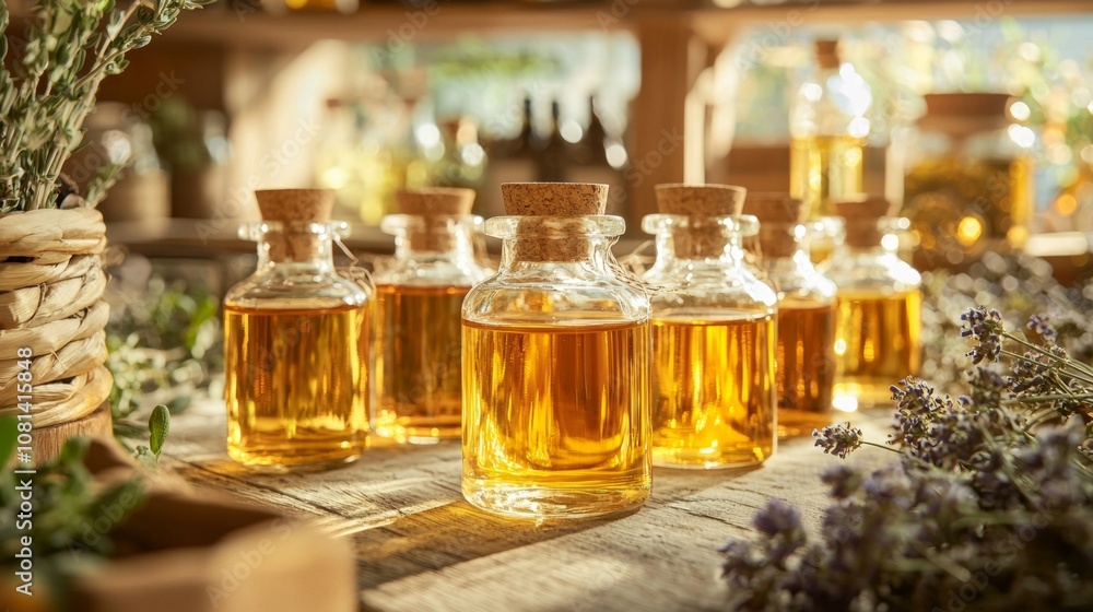 Essential oil bottles in natural light with fresh herbs Essential oil bottles in natural light with fresh herbs