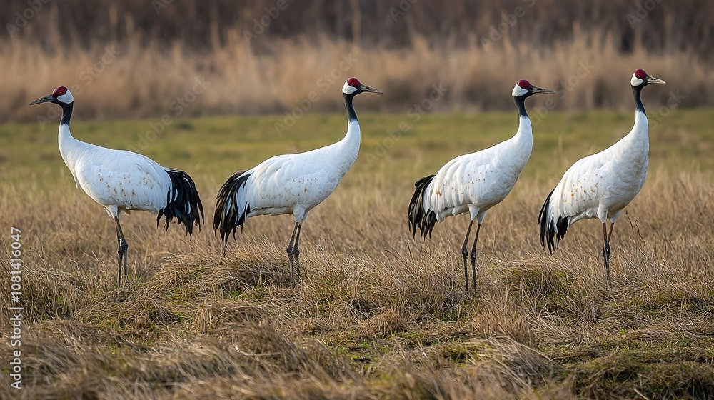 A serene and majestic scene featuring only cranes in their natural habitat. The graceful birds stand tall and elegant, with their long necks and slender bodies, surrounded by a peaceful environment. A serene and majestic scene featuring only cranes in their natural habitat. The graceful birds stand tall and elegant, with their long necks and slender bodies, surrounded by a peaceful environment.
