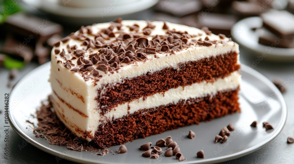 A delicious slice of chocolate cake topped with chocolate shavings on a plate. A delicious slice of chocolate cake topped with chocolate shavings on a plate.