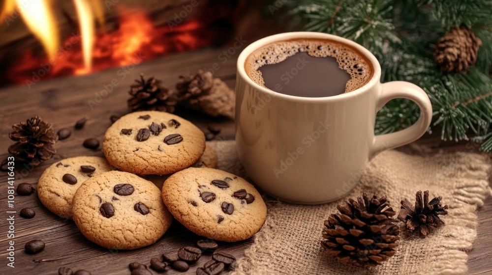 A cozy scene featuring cookies and coffee beside a warm fireplace and pinecones. A cozy scene featuring cookies and coffee beside a warm fireplace and pinecones.