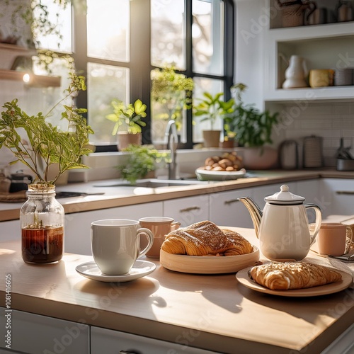 Bright Home Kitchen With Freshly Brewed Coffee, a Selection of Herbal Teas, and Baked Gluten-Free Pastries for a Relaxing Morning Breakfast Experience