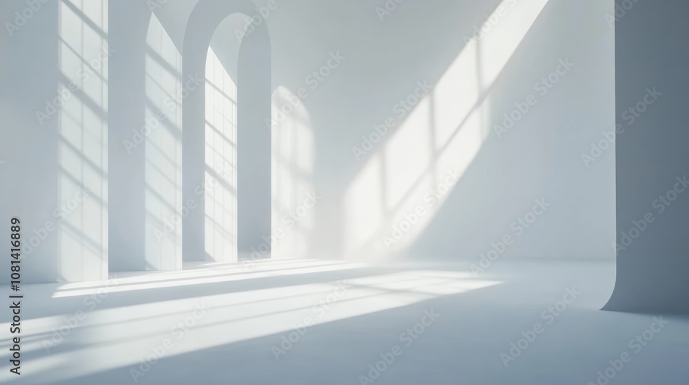 Obraz premium A minimalist interior space with arched windows casting light and shadows.