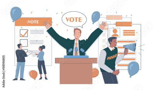 Political campaign concept. Man on political tribune. Election campaign. Political freedom of choice and democracy. Elections and referendum. Flat vector illustration isolated on white background