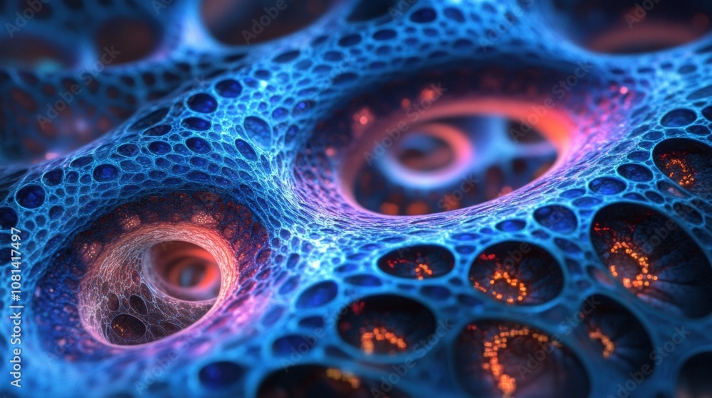 An abstract close-up of intricate patterns resembling cells or bubbles, featuring vibrant blue and pink hues illuminated by ethereal light. An abstract close-up of intricate patterns resembling cells or bubbles, featuring vibrant blue and pink hues illuminated by ethereal light.