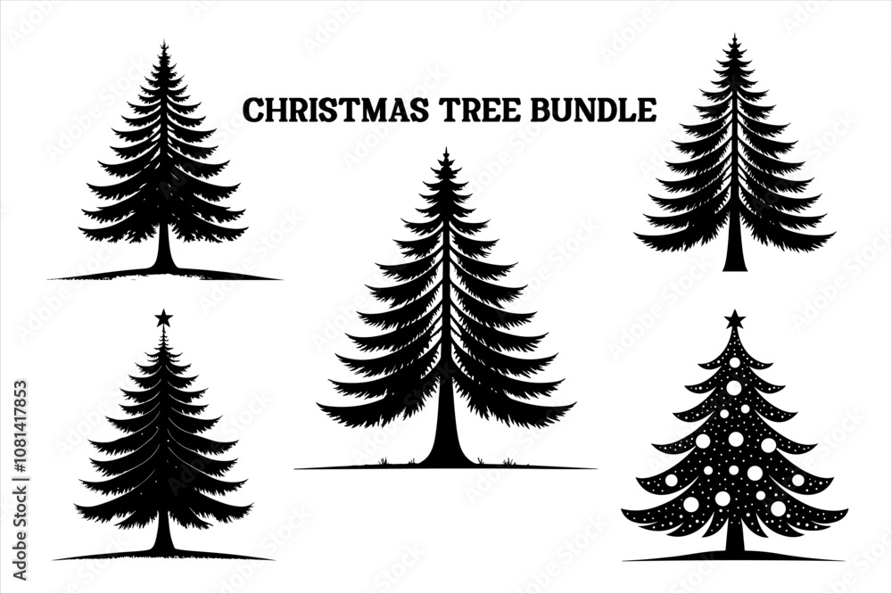 Obraz premium Silhouette of a Christmas tree set. Christmas tree vector Bundle. Christmas tree silhouette icon set.