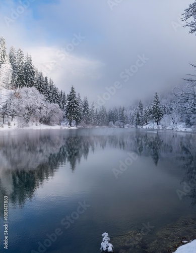 Calm Lake Nestled in a Snowy Valley, With Ice-Covered Trees Lining the Shores and a Low-Hanging Fog Over the Water, Creating a Serene Winter Scene Under a Soft Gray Sky