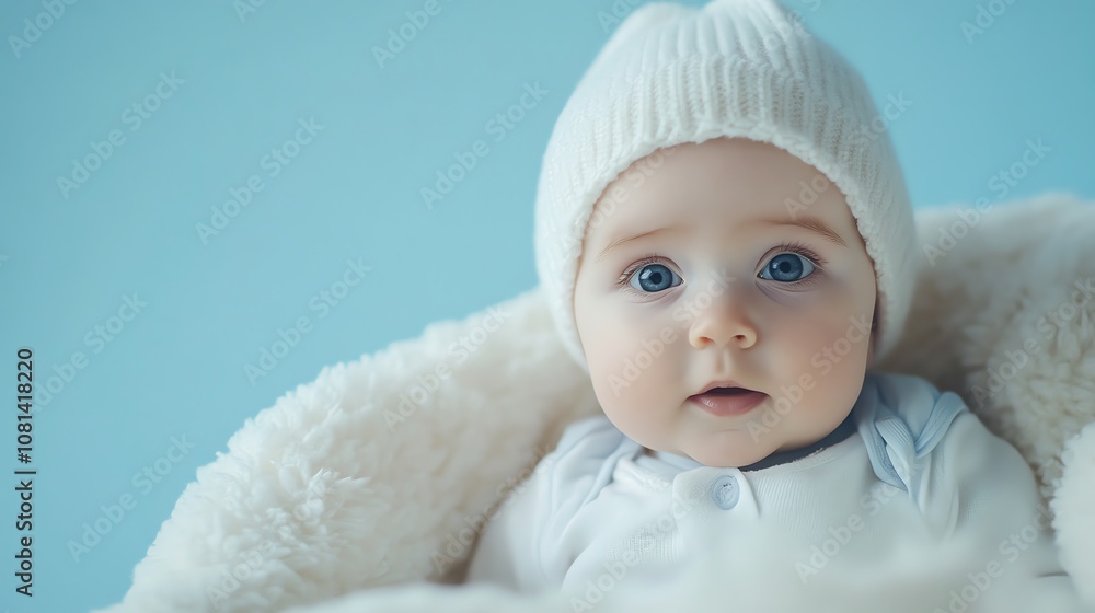 A baby with big blue eyes looks at the camera while wearing a white knitted hat. A baby with big blue eyes looks at the camera while wearing a white knitted hat.