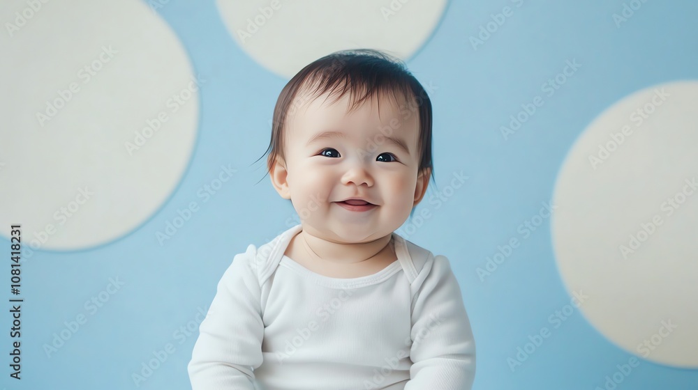 A happy baby with dark hair smiles at the camera against a blue and white polka dot background. A happy baby with dark hair smiles at the camera against a blue and white polka dot background.