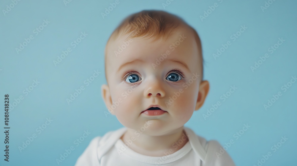 A close-up portrait of a baby with big blue eyes looking at the camera with a thoughtful expression.