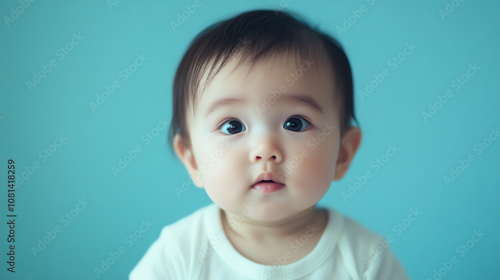 A portrait of a baby with dark hair and big brown eyes, looking directly at the camera. A portrait of a baby with dark hair and big brown eyes, looking directly at the camera.
