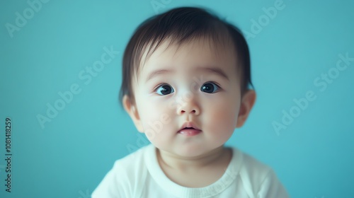 A portrait of a baby with dark hair and big brown eyes, looking directly at the camera.