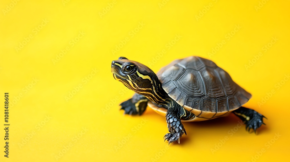 A small turtle on a yellow background. A small turtle on a yellow background.