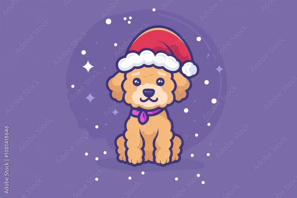 Festive cartoon puppy with santa hat against purple backdrop Festive cartoon puppy with santa hat against purple backdrop
