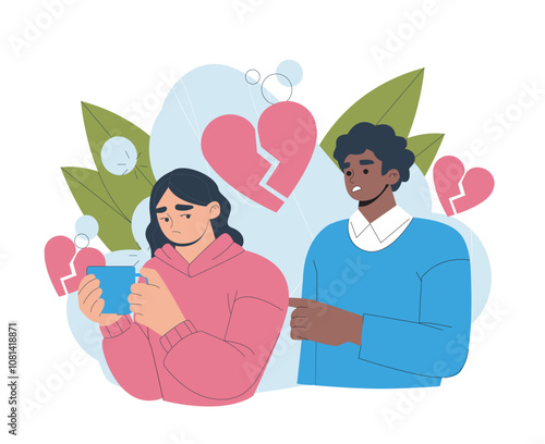 Separation of couple. Conflict between man and woman. Pair breaks up. Negative feelings and emotions. Frustration and depression, loneliness. Flat vector illustration isolated on white background