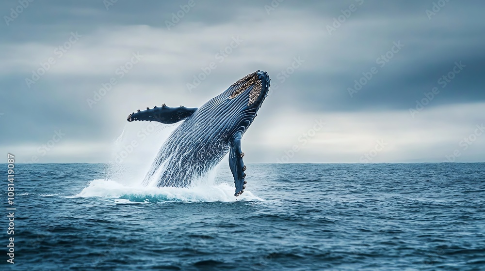 Fototapeta premium A humpback whale breaches out of the water.