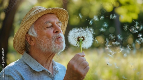 An elderly man enjoying a moment outdoors by blowing dandelion seeds in a sunny park during springtime © Nataliya