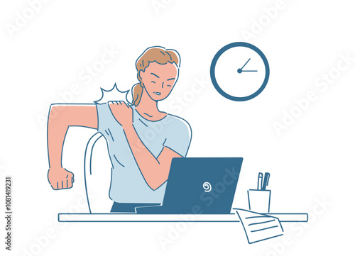 Woman with shoulder pain. Young girl at workplace holds her shoulder. Worker in pain. Poor posture and unhealthy lifestyle. Muscle cramp. Linear vector illustration isolated on white background