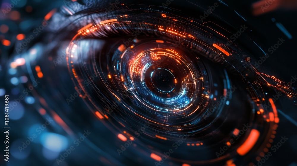 Medium close-up of an eye with futuristic element in pupil Medium close-up of an eye with futuristic element in pupil