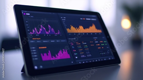 A sleek tablet displaying vibrant financial graphs and metrics, highlighting an analytical overview of market trends and data.