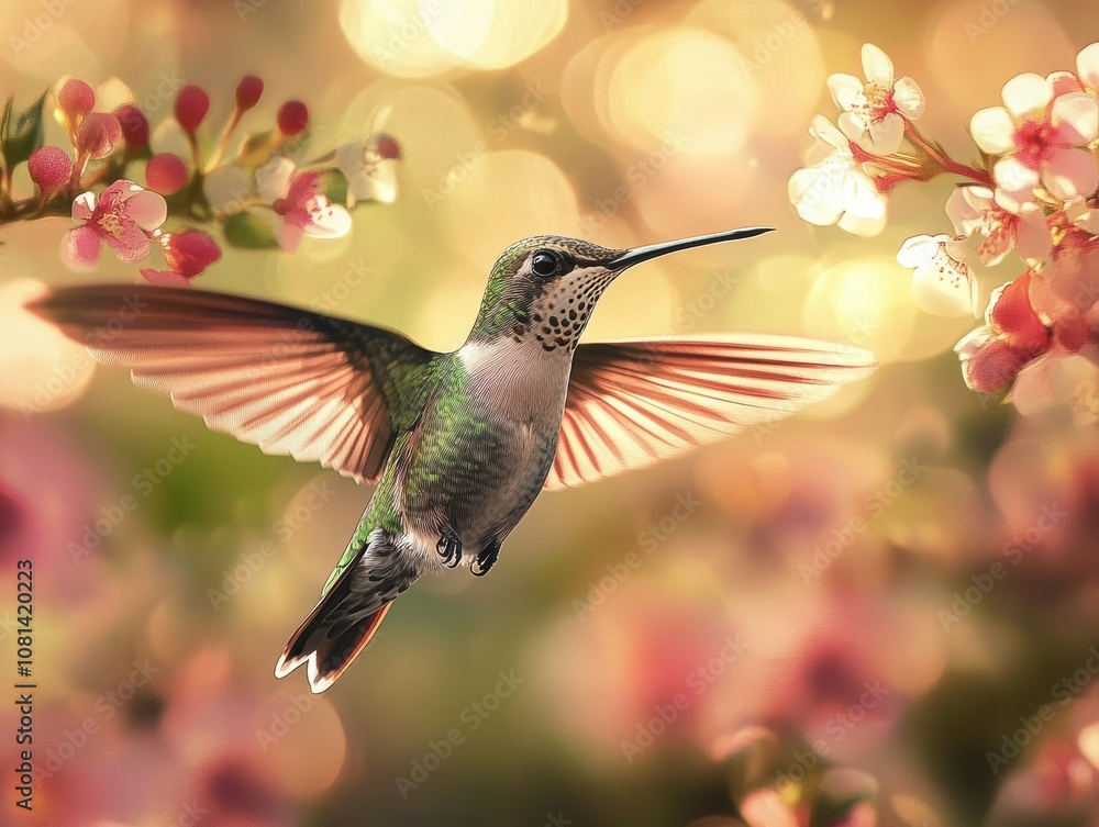 Naklejka premium A hummingbird hovers in mid-air with its wings spread wide, against a background of pink and white blossoms and blurred bokeh lights.