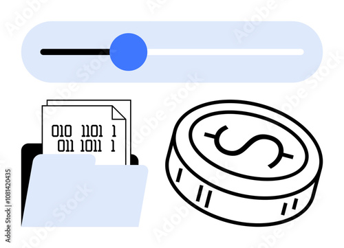Binary code files in a folder, coin with dollar sign, and a horizontal slider. Ideal for finance, data management, cybersecurity, digital transactions, coding data privacy blockchain. Line metaphor