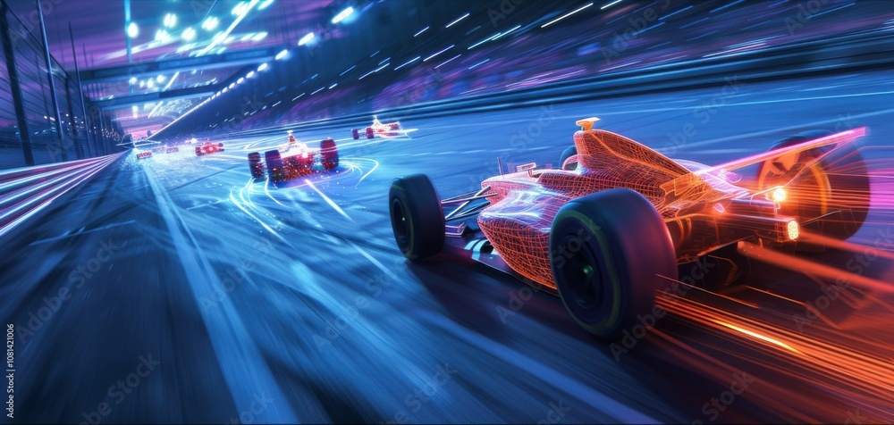 High-speed racing scene with red Formula 1 car on racetrack, motion blur effects High-speed racing scene with red Formula 1 car on racetrack, motion blur effects
