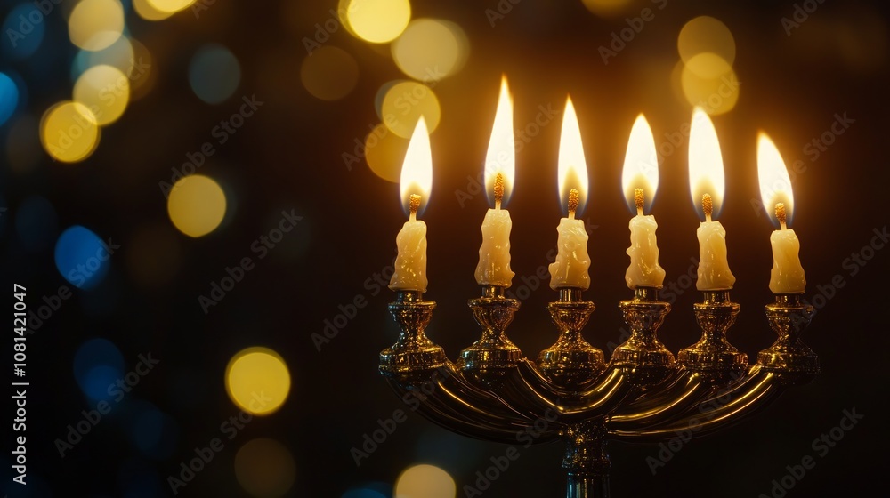 A menorah with six lit candles against a dark background with bokeh lights. A menorah with six lit candles against a dark background with bokeh lights.