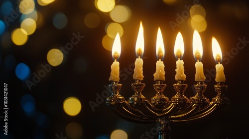 A menorah with six lit candles against a dark background with bokeh lights.