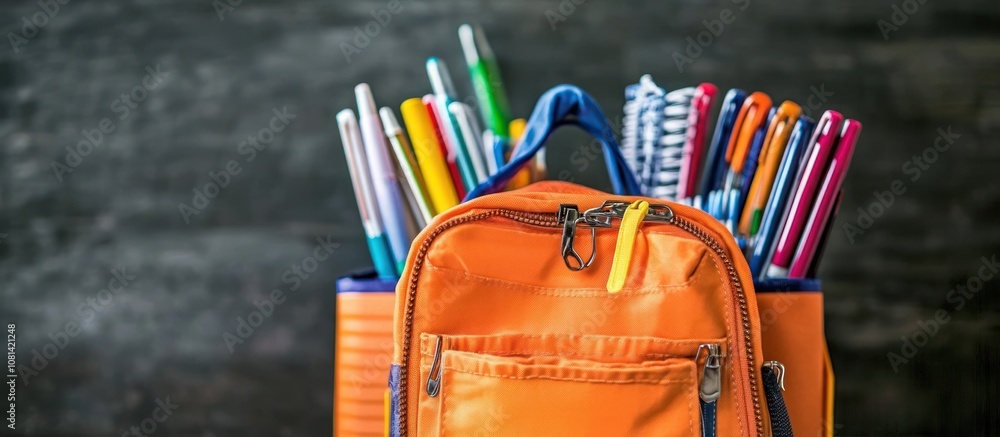 Back-to-school display of neatly arranged school essentials, including notebooks and pens, Back-to-school display of neatly arranged school essentials, including notebooks and pens,