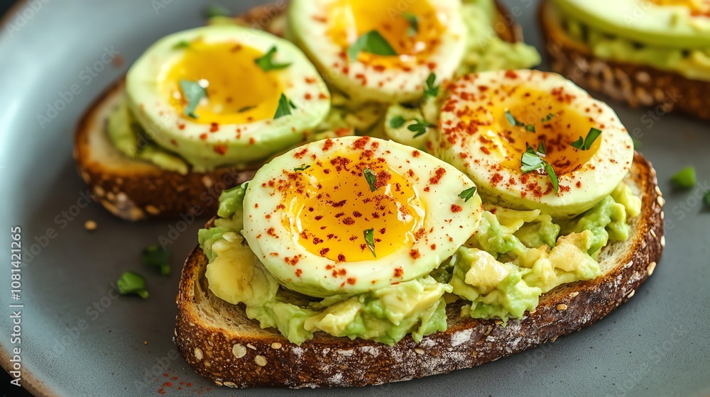 Two slices of avocado toast with avocado, seeds, and black pepper on a plate. Two slices of avocado toast with avocado, seeds, and black pepper on a plate.