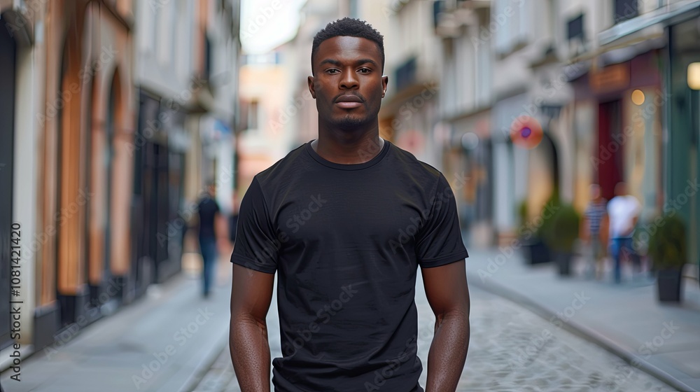 A Black Man Wearing a Black T-Shirt Stands in a City Street A Black Man Wearing a Black T-Shirt Stands in a City Street