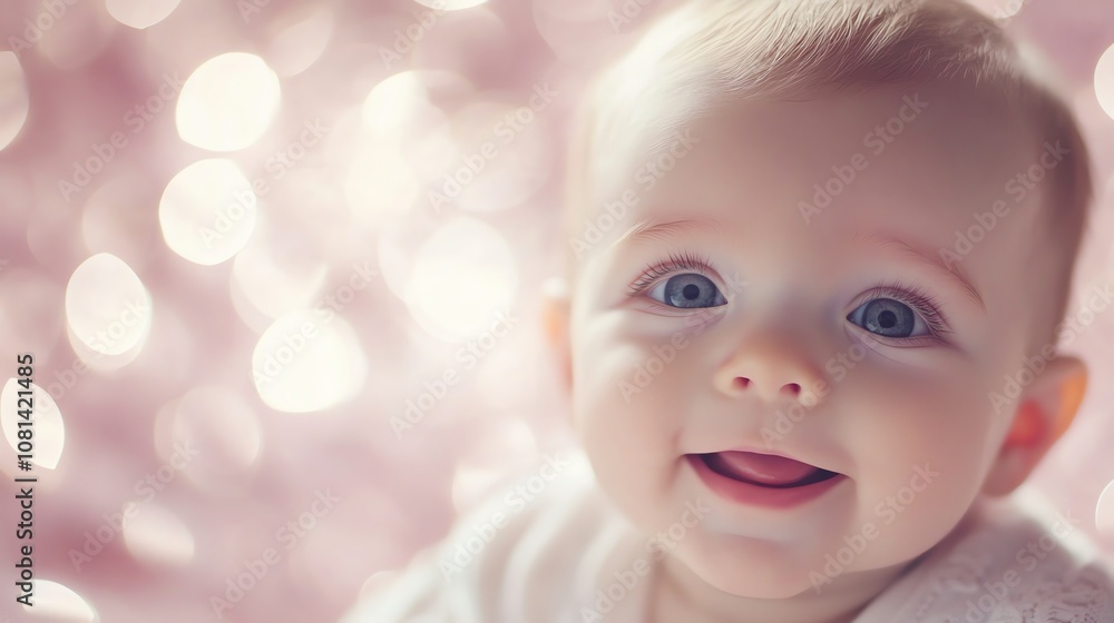 A close-up portrait of a happy baby with big blue eyes, smiling with pink and white bokeh background. A close-up portrait of a happy baby with big blue eyes, smiling with pink and white bokeh background.